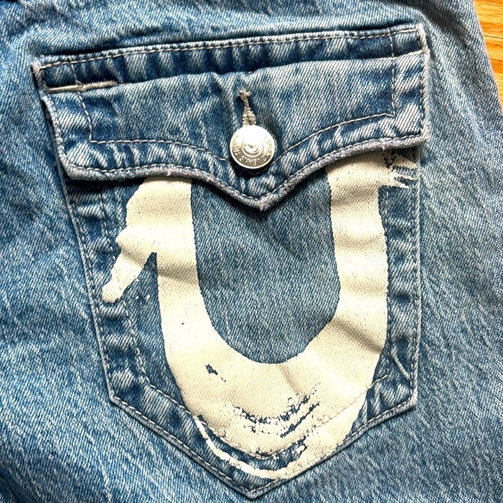 True Religion Ricki Relaxed Straight Jeans 29 Light Wash Painted Pockets Y2K - Picture 6 of 13